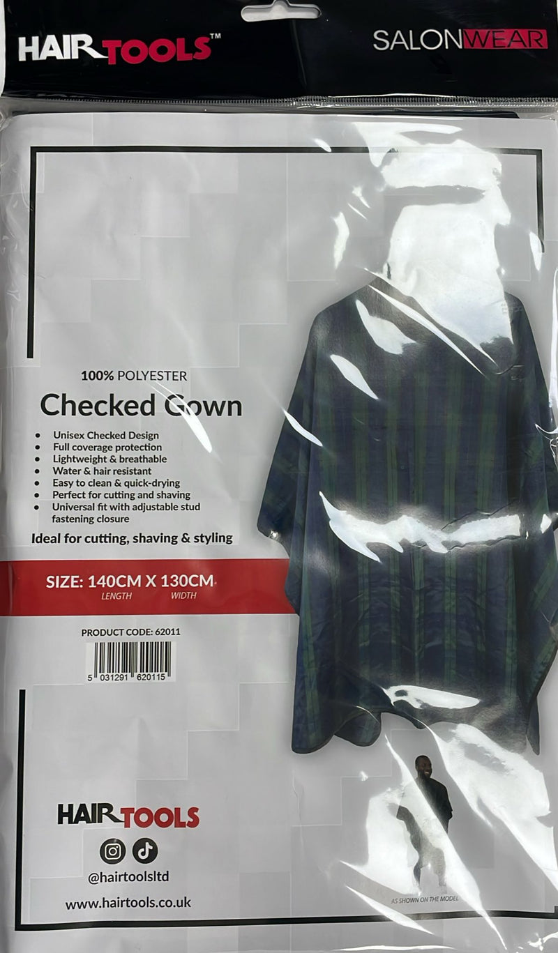 HairTools Checked Gown – Water-Repellent Barber/Salon Cape, Blue-Green Check