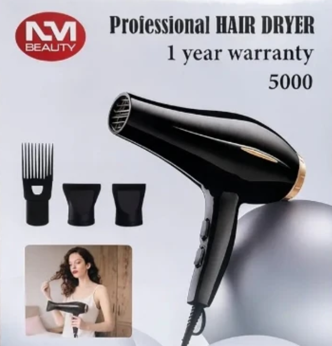 NM Beauty Professional Hair Dryer 5000 – High Power Salon Blow Dryer with Nozzle & Afro Comb