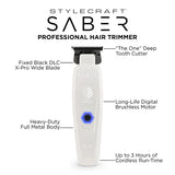 StyleCraft Saber Professional Digital Brushless Trimmer - White | 7,500 RPM | Full Metal