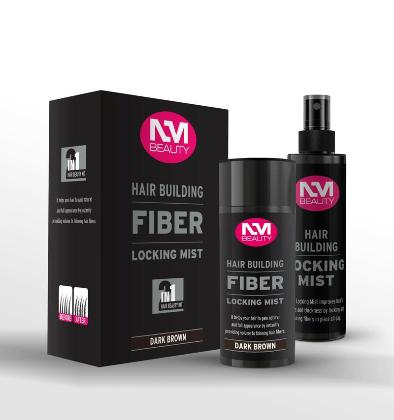 NM Beauty Hair Building Fibre with locking mist spray black & dark brown